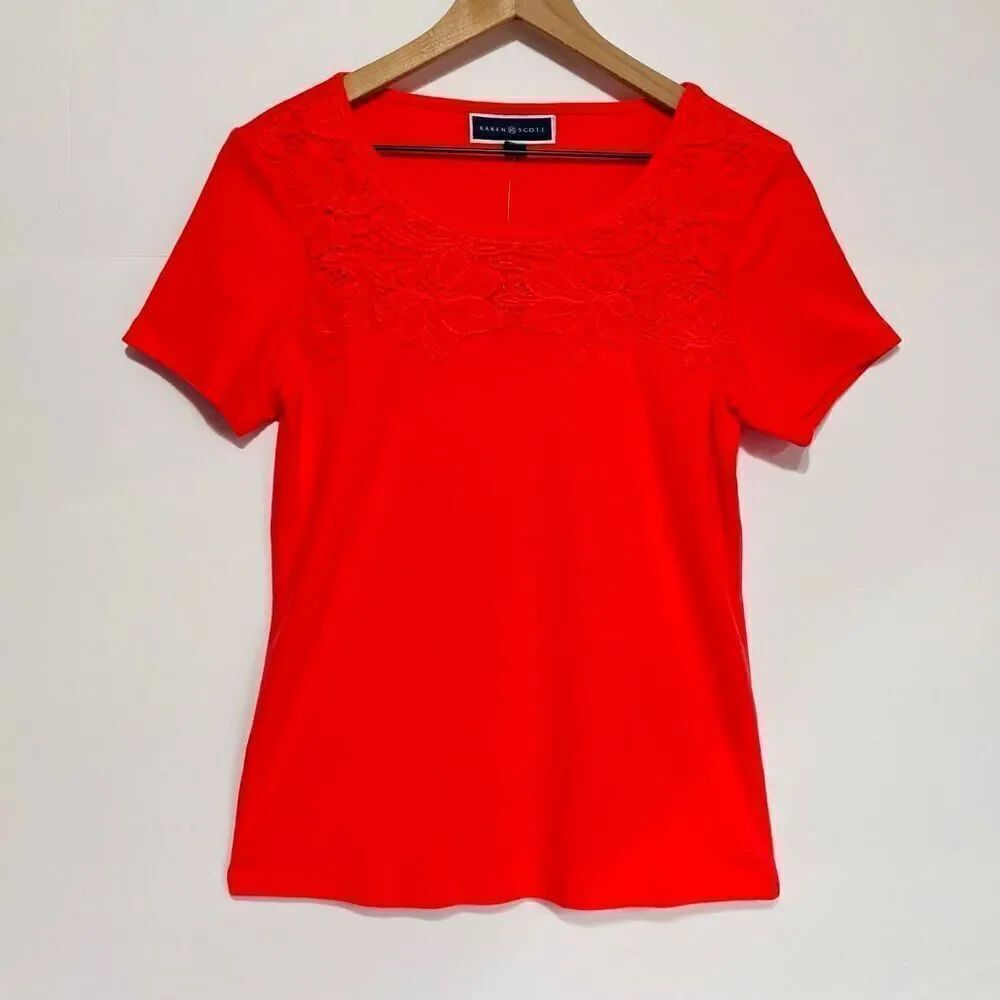 Karen Scott Peony Coral Short Sleeve Top   Size XS   NWT
